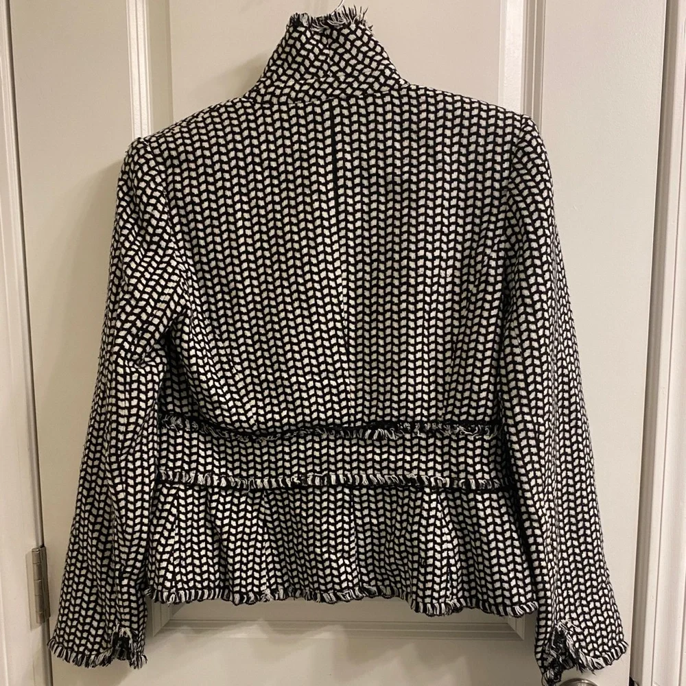 White House Black Market tweed black and white fringed jacket. - Picture 4 of 11